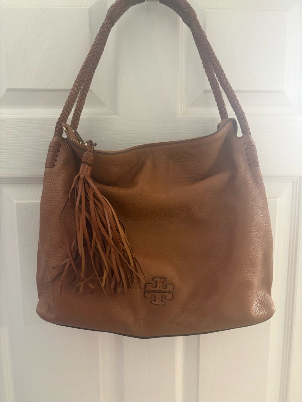 Tory Burch Cognac Leather Shoulder Hobo with Braided Straps and Tassel
